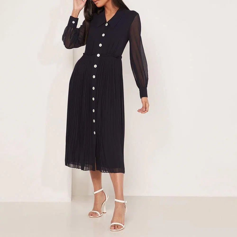 COPY - L.K. Bennett Fozette Navy Pleated Shirt Midi Dress Size 8